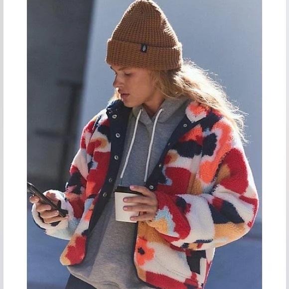 NWT Free People Hit The Slopes Fleece Jacket Coral Carpet Multi